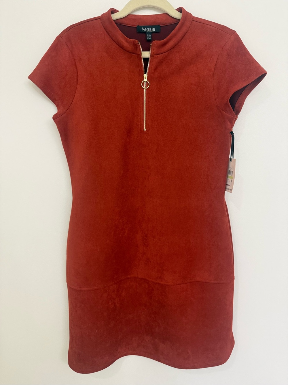 Kensie Rust Red Suede Zip-Front Short Sleeve Dress size 4 NWT
